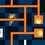 Orange ledningar kopplar samman glödlampor på en blå-rutig bakgrund med en blixtsymbol i mitten