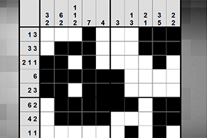 Ett svartvitt nonogram-pussel med fyllda och tomma rutor samt ledtrådar längs kanterna