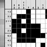 Ett svartvitt nonogram-pussel med fyllda och tomma rutor samt ledtrådar längs kanterna