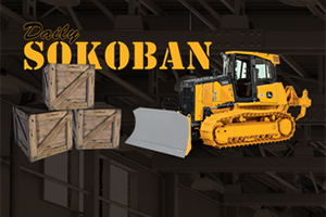 En gul bulldozer bredvid tre träboxar mot en mörk bakgrund med texten Daily Sokoban