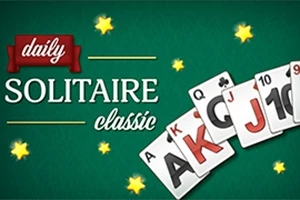 Grön bakgrund med stjärnor, text som säger daily Solitaire classic, och spelkort visas med ess, kung, dam, knekt och tior