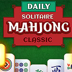 Texten Daily Solitaire Mahjong Classic mot en grön bakgrund med rosa blommor och Mahjong-brickor