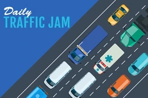Illustration av bilar och lastbilar i en trafikstockning på en flerfilig motorväg