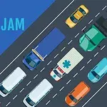 Illustration av bilar och lastbilar i en trafikstockning på en flerfilig motorväg
