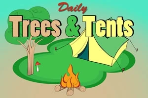 Ett grafiskt motiv med ett tält, träd, lägereld och texten Daily Trees & Tents på en grön bakgrund