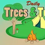 Ett grafiskt motiv med ett tält, träd, lägereld och texten Daily Trees & Tents på en grön bakgrund