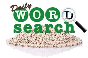 Högar av bokstavstärningar med texten Daily Word Search och ett förstoringsglas ovanpå