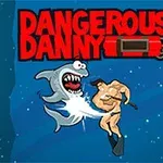 En tecknad muskulös man i kamp med en haj framför texten Dangerous Danny och en dynamitstav