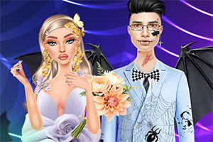 Illustration av en blond kvinna i vit klänning med blommor i håret och en man med glasögon i ljus kostym med fluga och spindelnätsmönster, båda med svarta fladdermusvingar mot en lila bakgrund