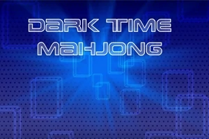 Texten Dark Time Mahjong i neonstil på en blå bakgrund med ljusstrålar och rektanglar