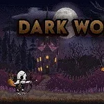 En pixlad nattlig scen med två skelettfigurer som möts, en mörk himmel, en upplyst slott och en fullmåne i bakgrunden, samt texten DARK WORLD längst upp