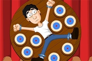 Dart Wheel En tecknad man som Àr fastsatt pÄ ett snurrande trÀbrÀde med flera mÄltavlor runt omkring