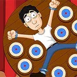 Dart Wheel En tecknad man som Àr fastsatt pÄ ett snurrande trÀbrÀde med flera mÄltavlor runt omkring