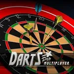 En darttavla med tre pilar instuckna i mitten och texten Darts Pro Multiplayer över bilden