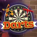 Ett dartbräde med två pilar och texten Darts framför en tegelvägg