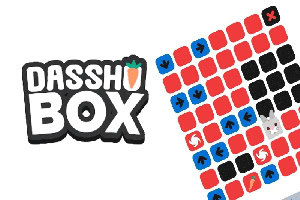 Logotypen Dasshu Box med en morot bredvid ett färgglatt rutnät med pilar och symboler