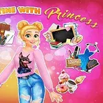 Tecknad prinsessa med blont hår omgiven av objekt som symboliserar dagliga aktiviteter, inklusive mat, böcker och kläder, på en rosa bakgrund