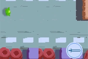 Pixelscener med en väg, röd barriär och en grön ikon på en grå bakgrund