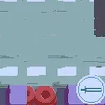 Pixelscener med en väg, röd barriär och en grön ikon på en grå bakgrund