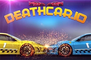 Två bilar, en gul och en blå, krockar frontalt med gnistor som flyger under en titel med texten DEATHCAR