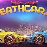 Två bilar, en gul och en blå, krockar frontalt med gnistor som flyger under en titel med texten DEATHCAR