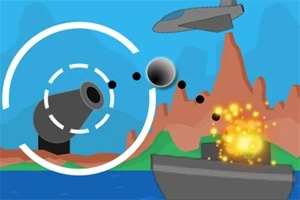 Kanon som avfyrar mot ett stridsfartyg medan ett flygplan flyger över ett bergigt landskap