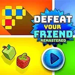 Fyrdelad färgglad bild med pixelblock, pingisracketar, frukter och luffarschack-symboler samt texten Defeat Your Friend Remastered i mitten