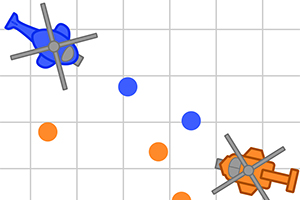 Två helikoptrar, en blå och en orange, på ett rutnät med färgade cirklar