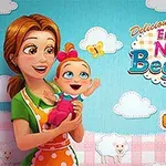 Kvinna med ett spädbarn omgiven av tecknade moln och får på en blå bakgrund, med titeln Delicious Emilys New Beginning