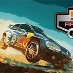 En rallybil kör i hög hastighet över sanden i öknen med logotypen Desert Racing i bakgrunden