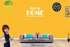 En tecknad kvinna står i ett vardagsrum med gul vägg, en soffa, ett väggur och texten design my HOME