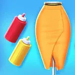 En orange kjol på en provdocka omgiven av färgglada sprayflaskor mot en blå bakgrund