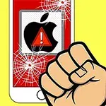 Knytnäve slår mot en smartphone med en sprucken skärm och en varningssymbol på en röd bakgrund