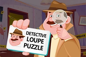 Tecknad detektiv med bruna kläder och hatt håller ett förstoringsglas och en skylt med texten Detective Loupe Puzzle i ett rum med polisband och bilder på väggarna