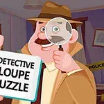 Tecknad detektiv med bruna kläder och hatt håller ett förstoringsglas och en skylt med texten Detective Loupe Puzzle i ett rum med polisband och bilder på väggarna