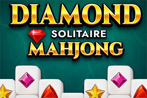 Texten Diamond Solitaire Mahjong med glänsande bokstäver ovanför brickor med färgglada ädelstenssymboler