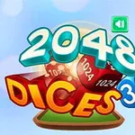 Texten 2048 Dices 3D i färgglad stil med tärningar i bakgrunden