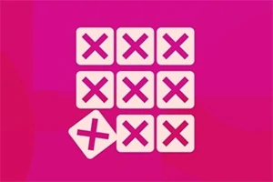 Nio kvadrater med kryss i, varav en är vinklad, mot en rosa bakgrund