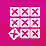 Nio kvadrater med kryss i, varav en är vinklad, mot en rosa bakgrund