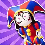 En tecknad, färgglad jokerfigur med stora ögon och en röd-och-blå dräkt står mot en spiralformad lila bakgrund