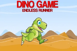 Tecknad grön dinosaurie springer genom ett ökenlandskap med berg i bakgrunden under texten Dino Game Endless Runner