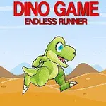 Tecknad grön dinosaurie springer genom ett ökenlandskap med berg i bakgrunden under texten Dino Game Endless Runner