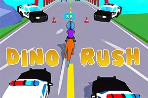 En tecknad person rider en dinosaurie på en väg med polisbilar och orange trafikkoner; texten DINO RUSH är synlig