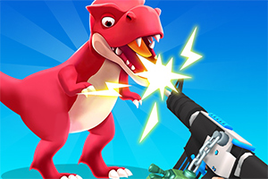 En tecknad röd dinosaurie avfyrar en stråle från sin mun mot ett futuristiskt vapen