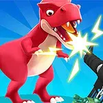 En tecknad röd dinosaurie avfyrar en stråle från sin mun mot ett futuristiskt vapen