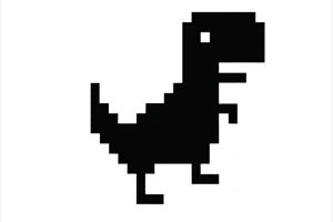Svart silhuett i pixelstil av en dinosaurie mot en vit bakgrund