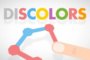Färgglad text DISCOLORS med en illustration av en hand som rör vid färgade hexagonala former