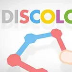 Färgglad text DISCOLORS med en illustration av en hand som rör vid färgade hexagonala former