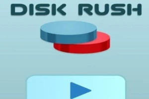 Texten DISK RUSH visas ovanför en blå och en röd skiva med en spelknapp nedanför