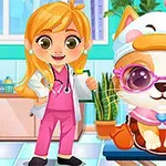 En leende blond doktor i rosa scrubs bredvid en söt katt i solglasögon och mössa i ett färgglatt rum